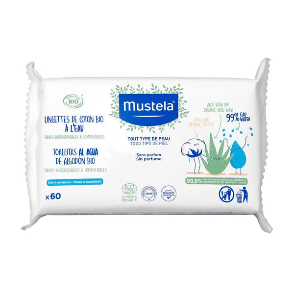 Mustela Lingettes D'eau En Coton Biologique 60U - Batty Beauty
