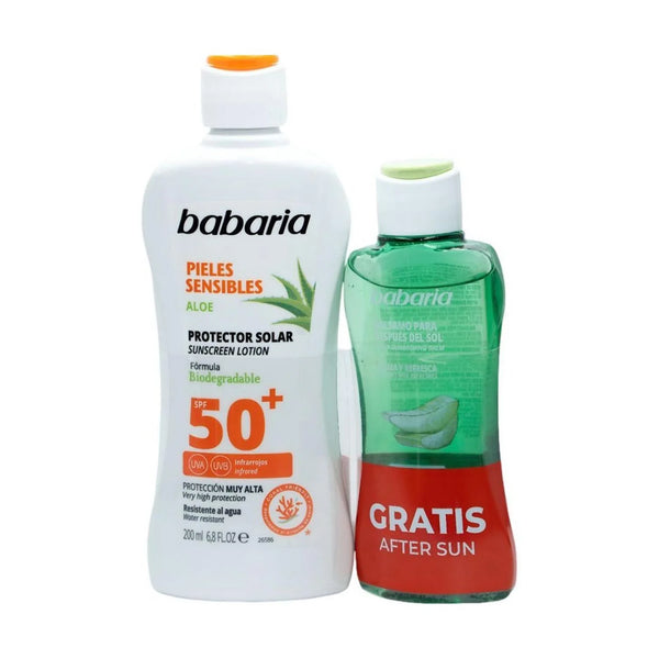 Babaria Aloe Protector Solar Spf50 Piel Sensible Resistente Al Agua Balsamo After Sun 1u 200ml - Batty Beauty